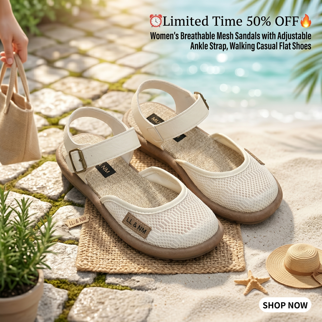 ⏰Limited Time 50% OFF🔥 Women's Breathable Mesh Sandals with Adjustable Ankle Strap, Walking Casual Flat Shoes