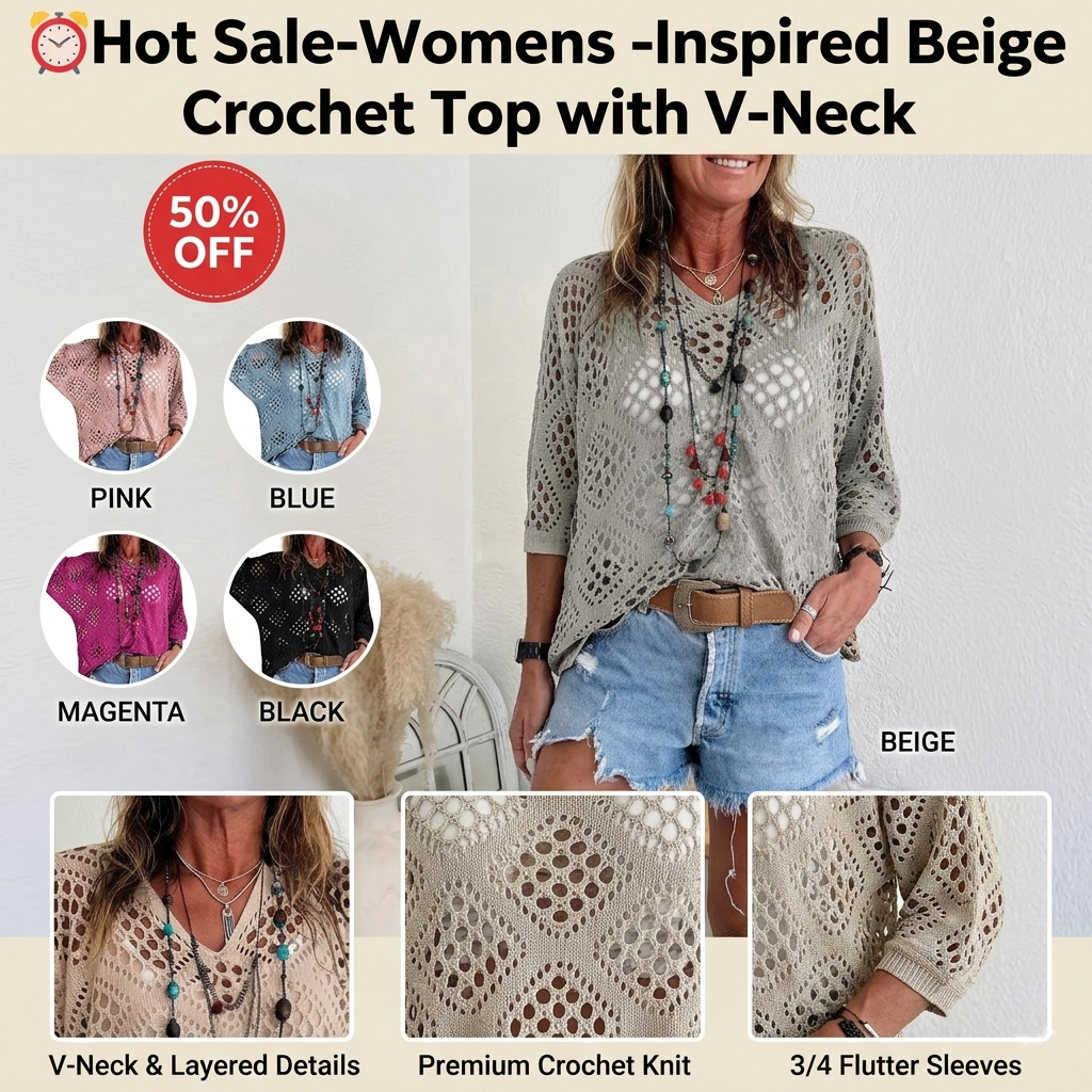 ⏰Hot Sale-Womens -Inspired Beige Crochet Top with V-Neck