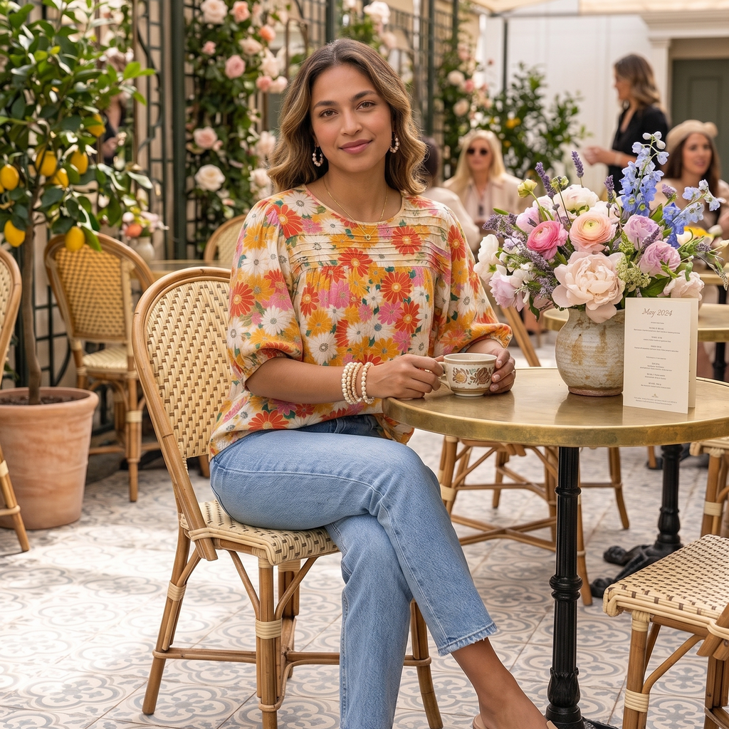 Applique & Floral Print Pleated Detail Rocking Blouse