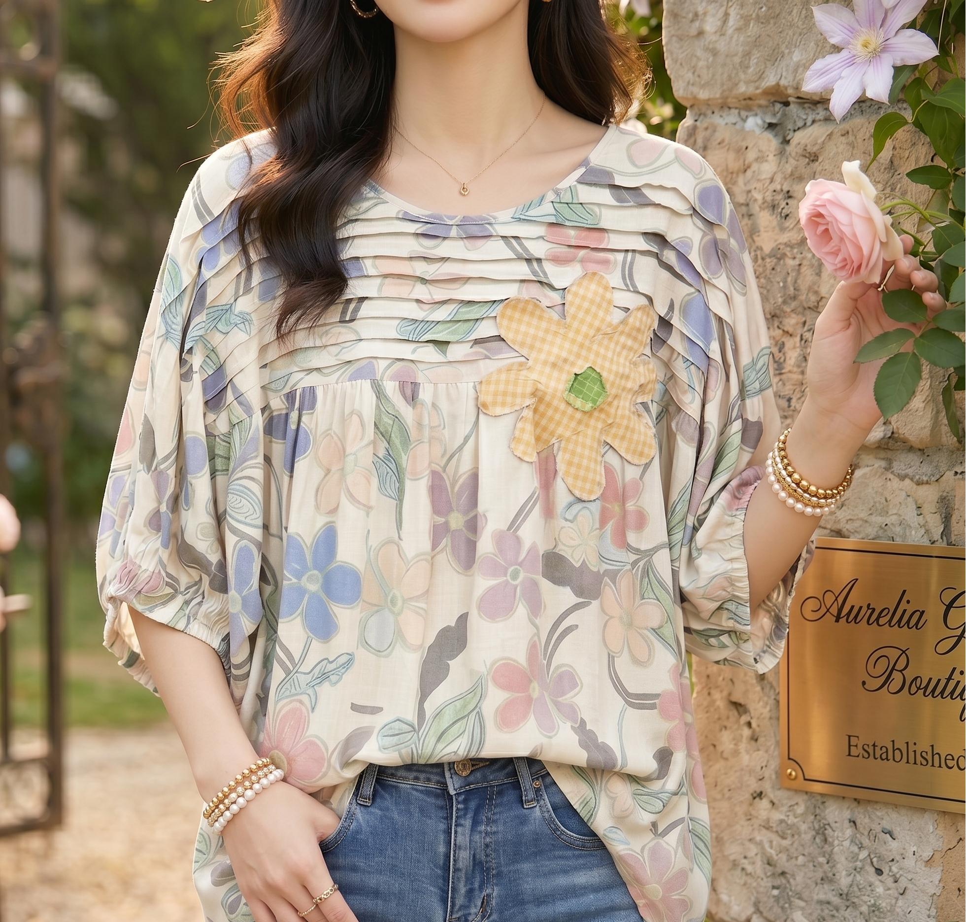 Applique & Floral Print Pleated Detail Rocking Blouse
