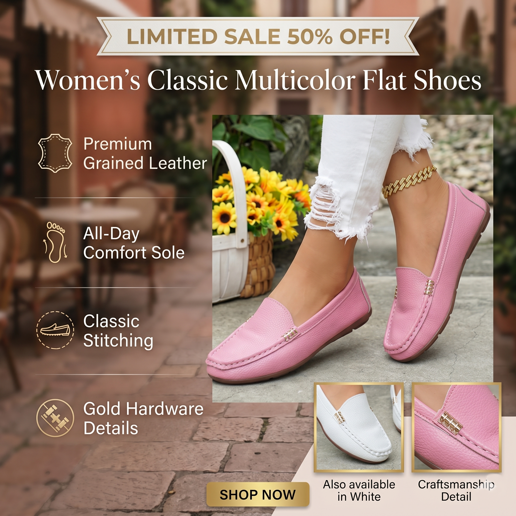 Women's Classic Multicolor Flat Shoes, Stylish Comfortable Casual Footwear, Slip On Flats, Advanced Chic Design with Slanted Metallic Chain Decoration
