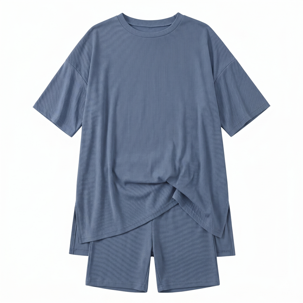 Casual Oversized 2-Piece Lounge Set – Crewneck Split Hem Top &amp; Fitted Shorts