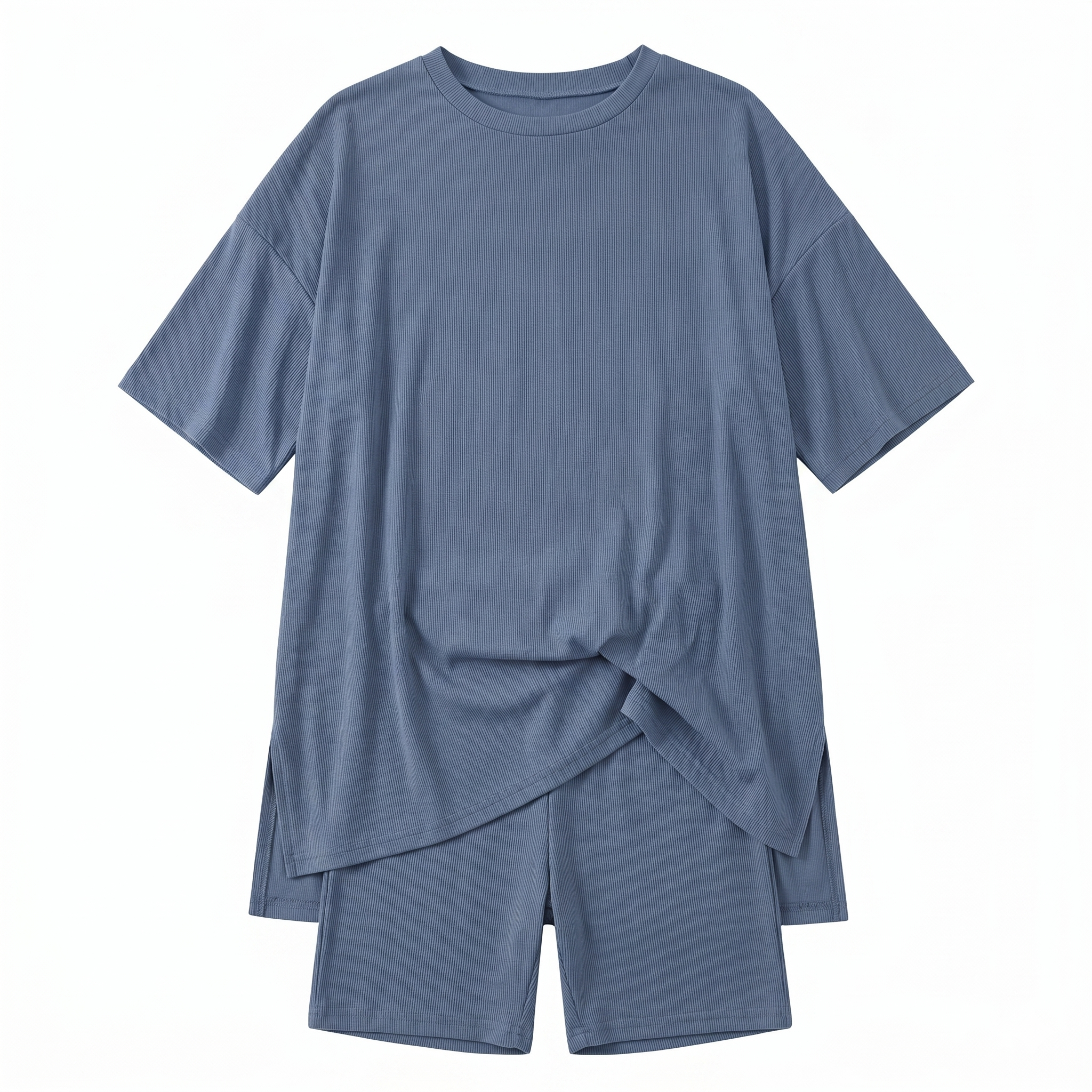 Casual Oversized 2-Piece Lounge Set – Crewneck Split Hem Top &amp; Fitted Shorts