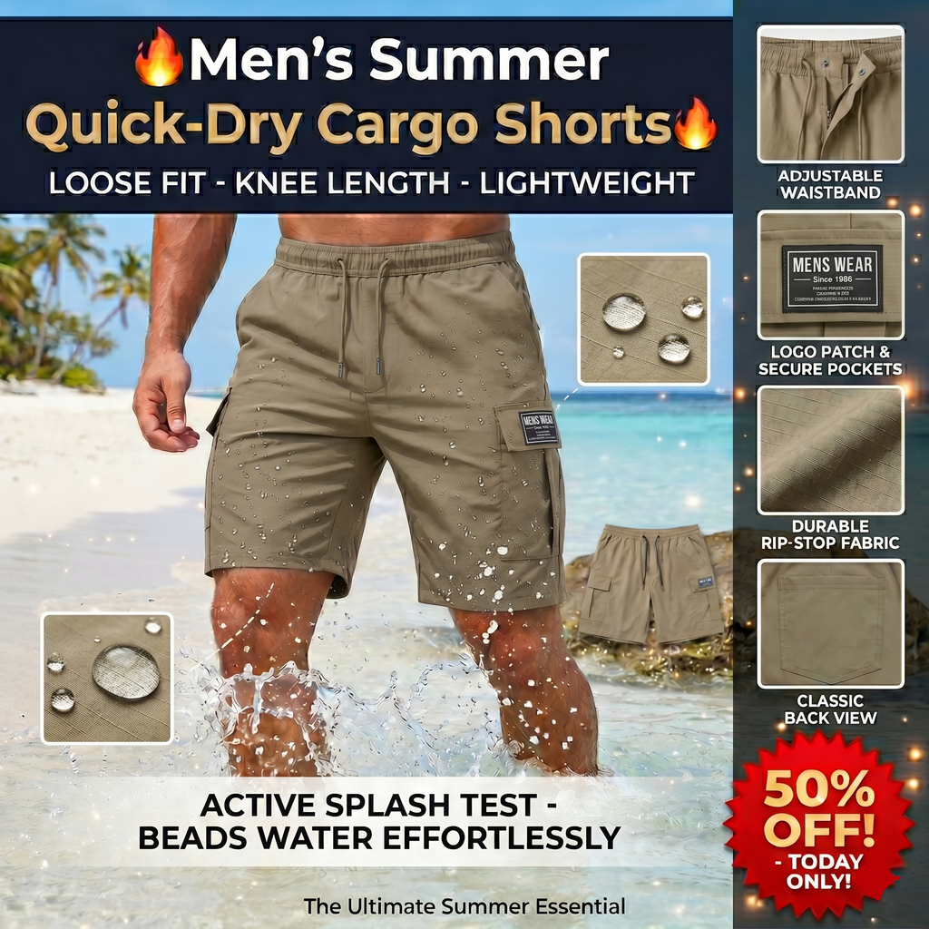 Men’s Summer Quick‑Dry Cargo Shorts  Loose Fit Knee Length