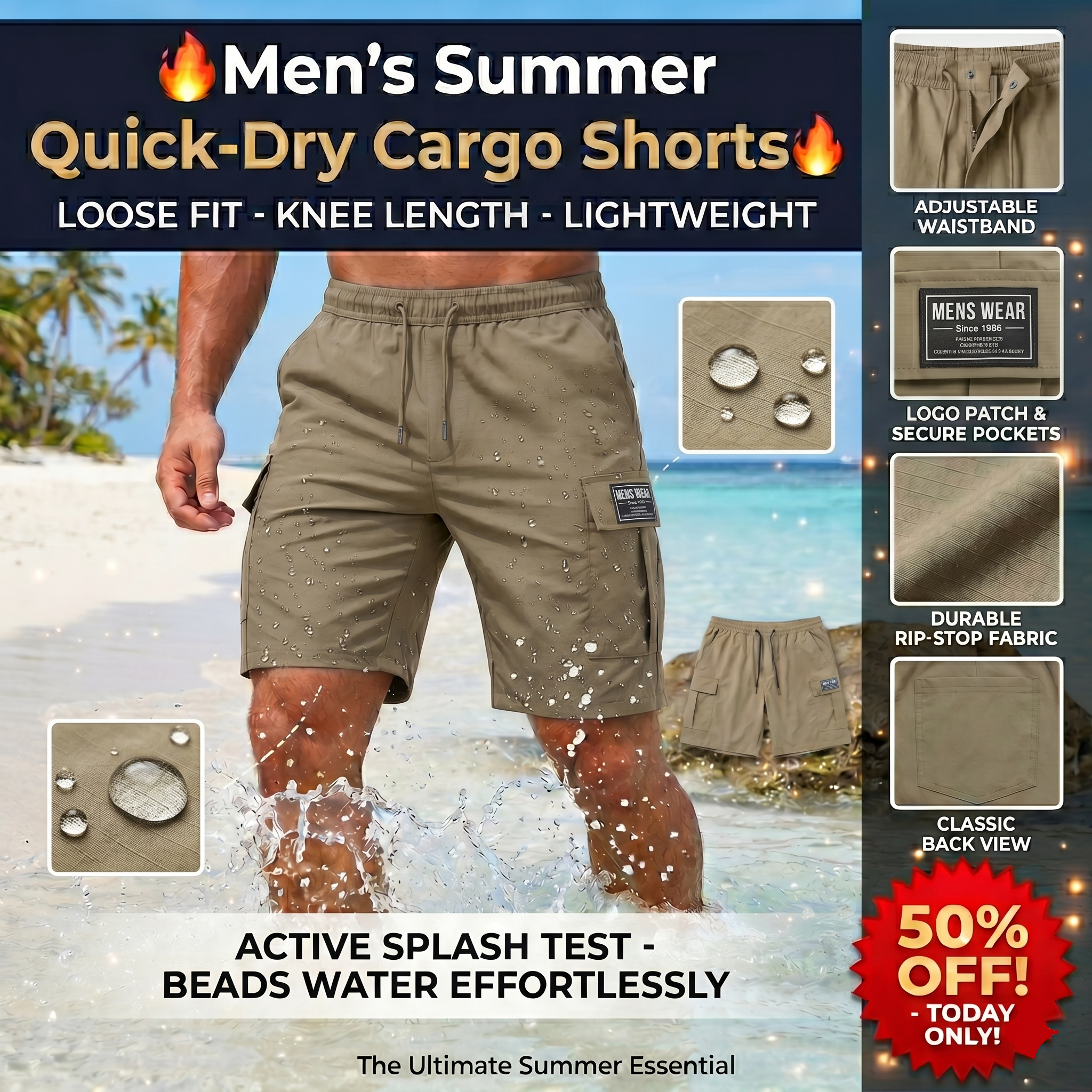 Men’s Summer Quick‑Dry Cargo Shorts  Loose Fit Knee Length
