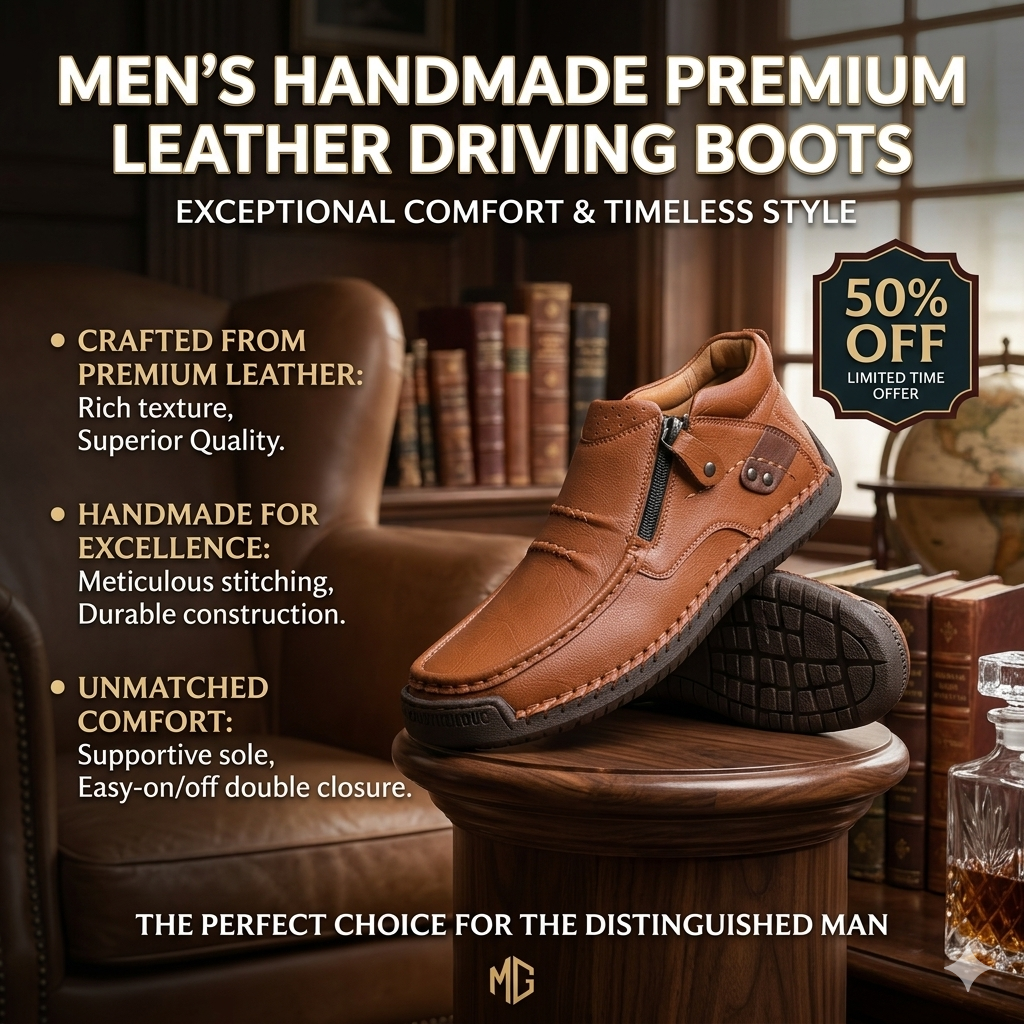⏰Limited Time Sale 50% OFF-Men’s Handmade Premium Leather Slip-On Driving Boots – Wide Toe, Arch Support