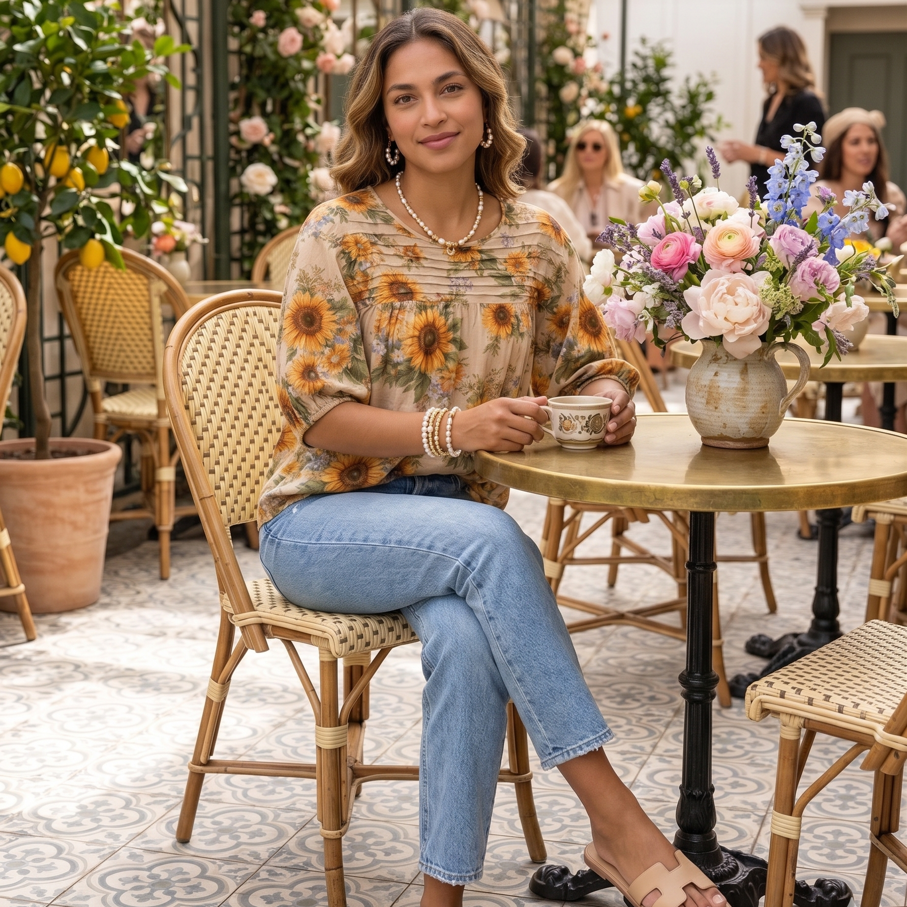Applique & Floral Print Pleated Detail Rocking Blouse