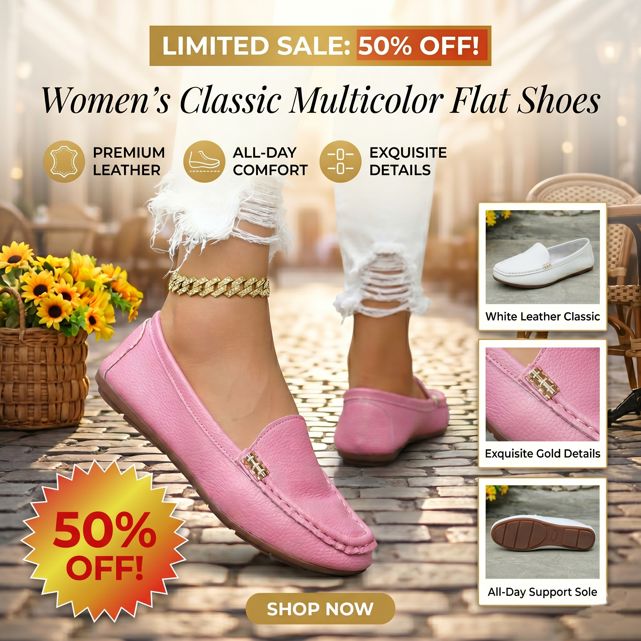 Women's Classic Multicolor Flat Shoes, Stylish Comfortable Casual Footwear, Slip On Flats, Advanced Chic Design with Slanted Metallic Chain Decoration