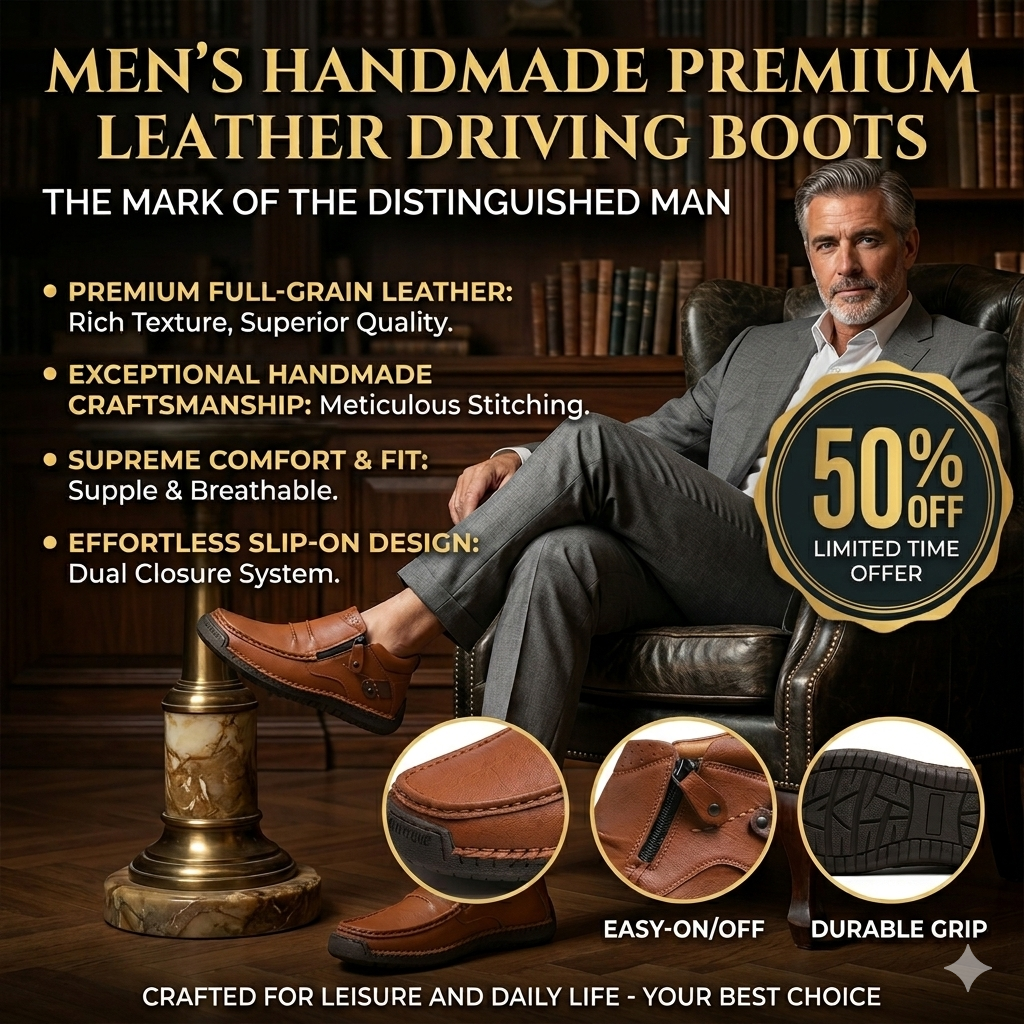 ⏰Limited Time Sale 50% OFF-Men’s Handmade Premium Leather Slip-On Driving Boots – Wide Toe, Arch Support