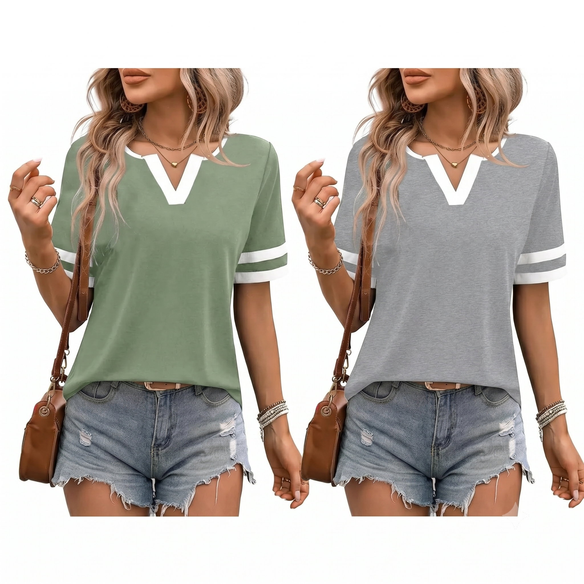 ✨Women's V-Neck Short Sleeve Fitted Striped Breathable Top for Daily Wear