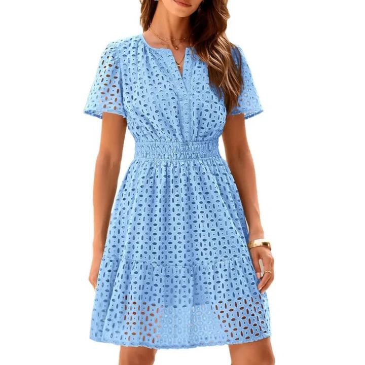 Women V Neck Lace A Line Summer Dress