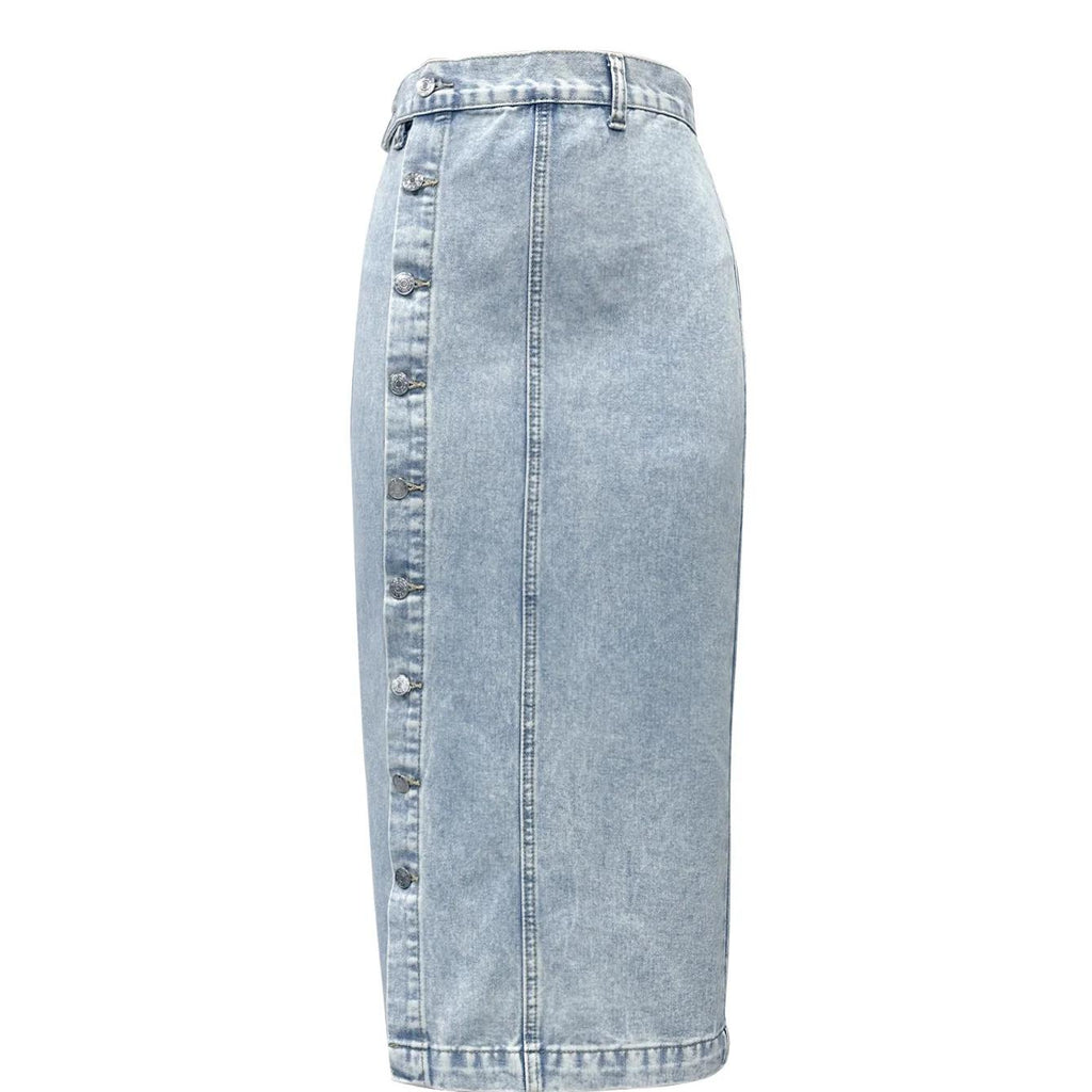 ⏰ LAST DAY-50% OFF 🛒) 2026 New In: Women's Edgy Denim Midi Skirt - Asymmetrical Placket & High Leg Slit - Slimming High Waist Design - Fits Size XS to 3XL