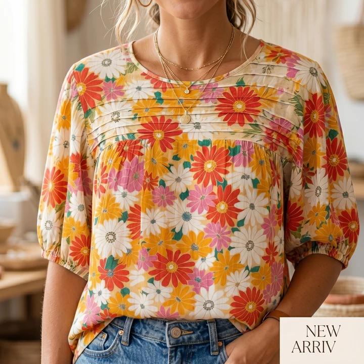 Applique & Floral Print Pleated Detail Rocking Blouse