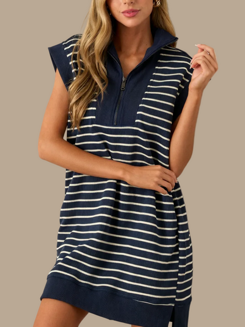 Limited time sale🔥Women's Striped Casual Zipper Cap Sleeve Mini Dress