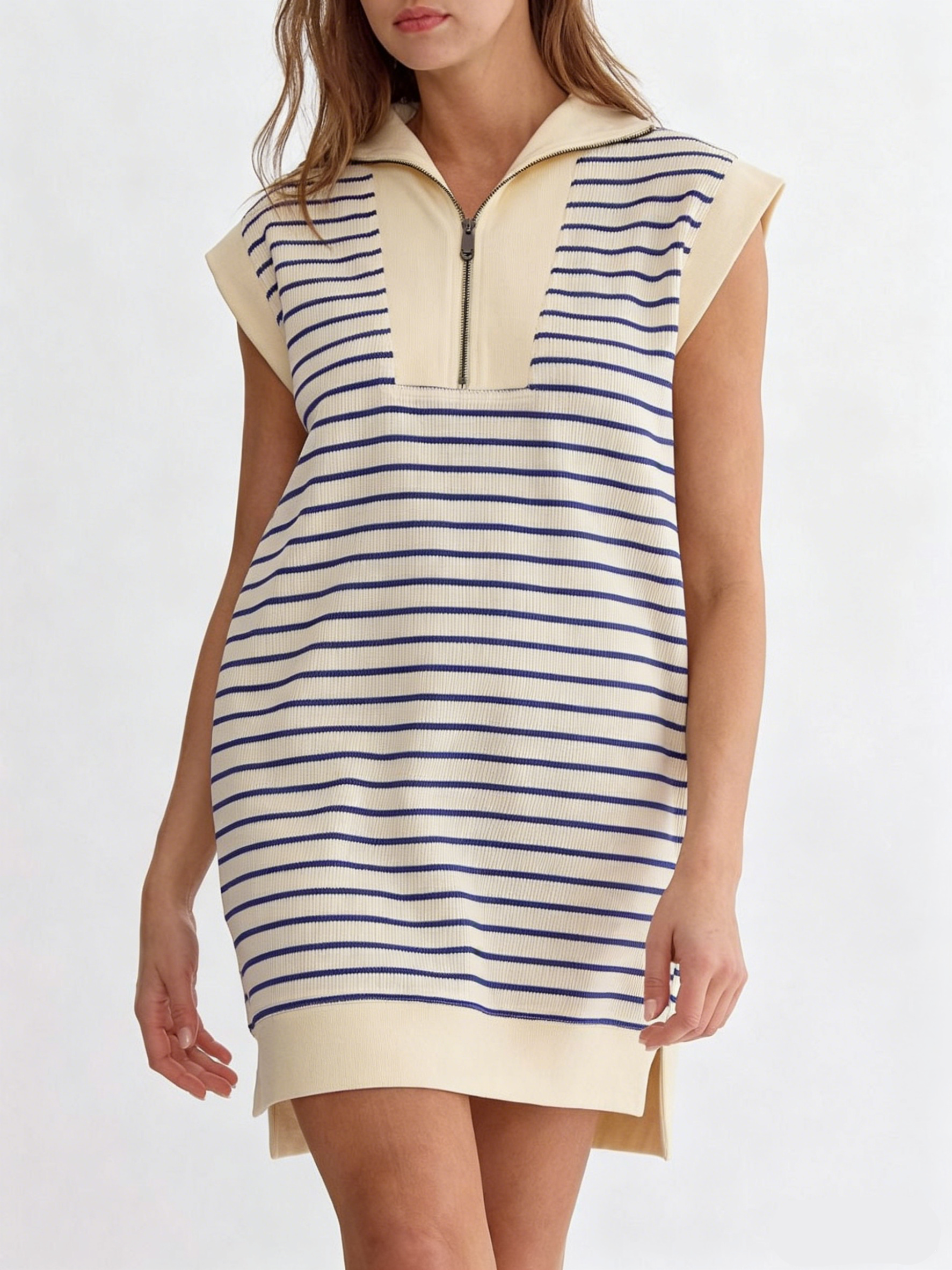 Limited time sale🔥Women's Striped Casual Zipper Cap Sleeve Mini Dress