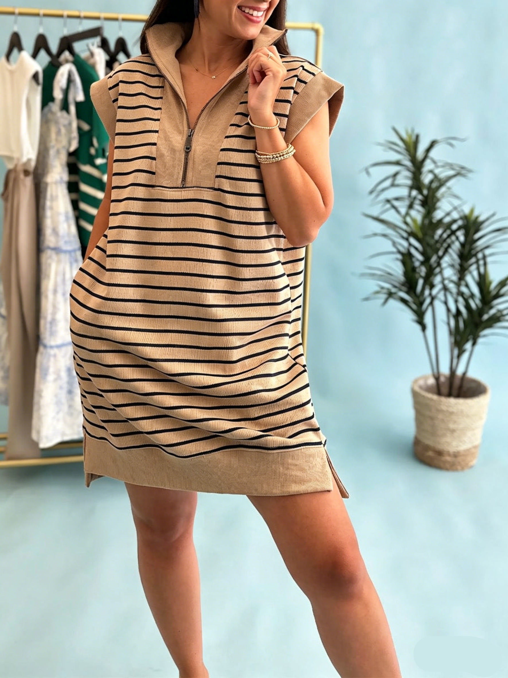 Limited time sale🔥Women's Striped Casual Zipper Cap Sleeve Mini Dress