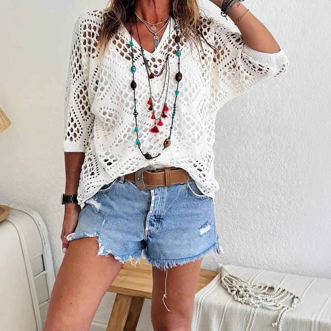 ⏰Hot Sale-Womens -Inspired Beige Crochet Top with V-Neck