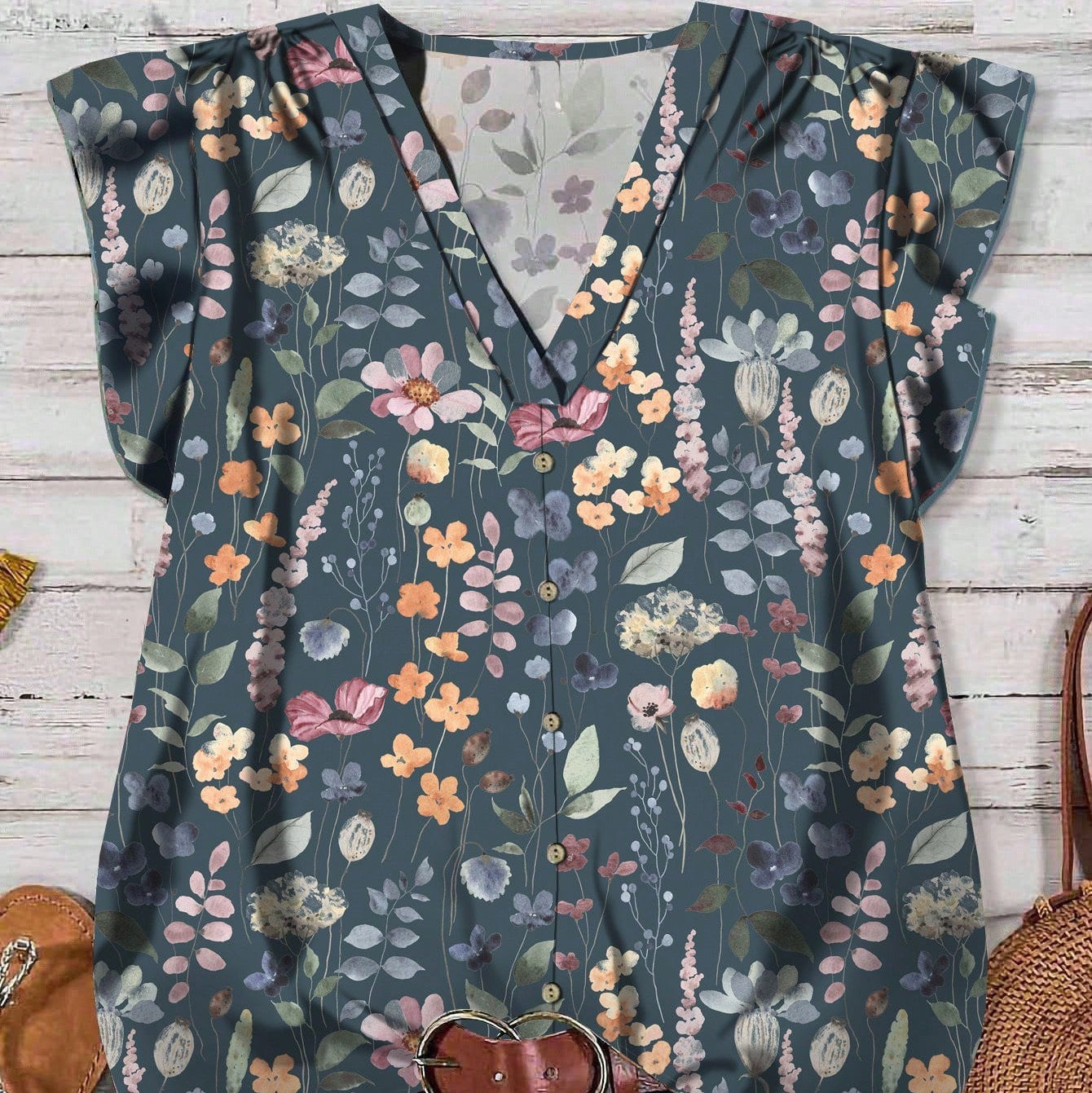 Women's V-Neck Floral Print Button-Down Blouse