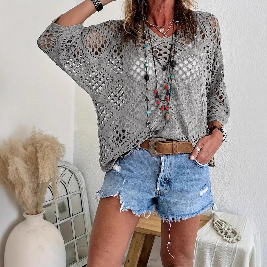 ⏰Hot Sale-Womens -Inspired Beige Crochet Top with V-Neck