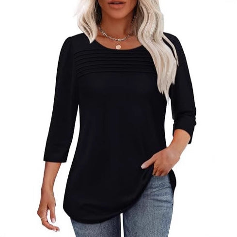 🔥🔥 2025 Women's 3/4 Length Sleeve Top Pleated Front T-Shirt