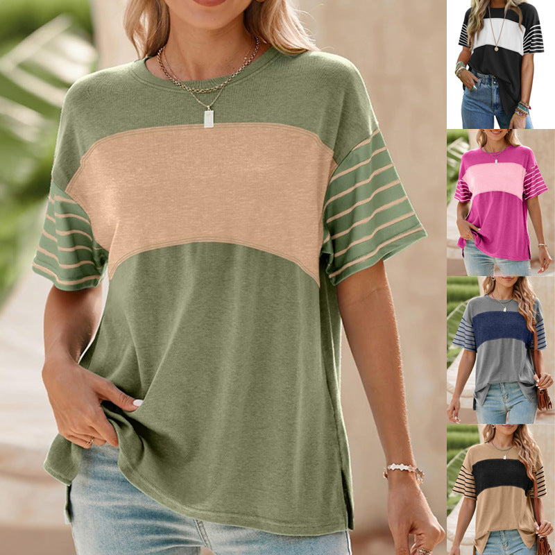 Hot Sale-Womens Oversized Crewneck Casual Color Block Striped Shirts Blouses