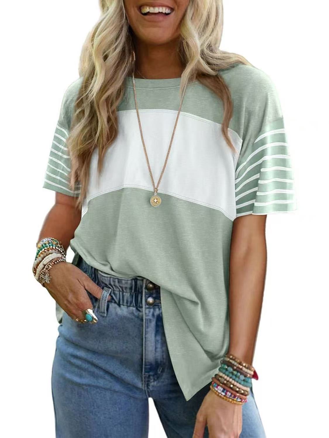 Hot Sale-Womens Oversized Crewneck Casual Color Block Striped Shirts Blouses