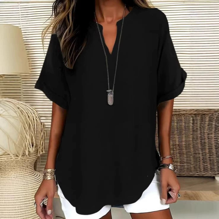 🌿 Effortless Elegance V-Neck Short Sleeve Blouse - Lightweight Comfort for Every Occasion ✨