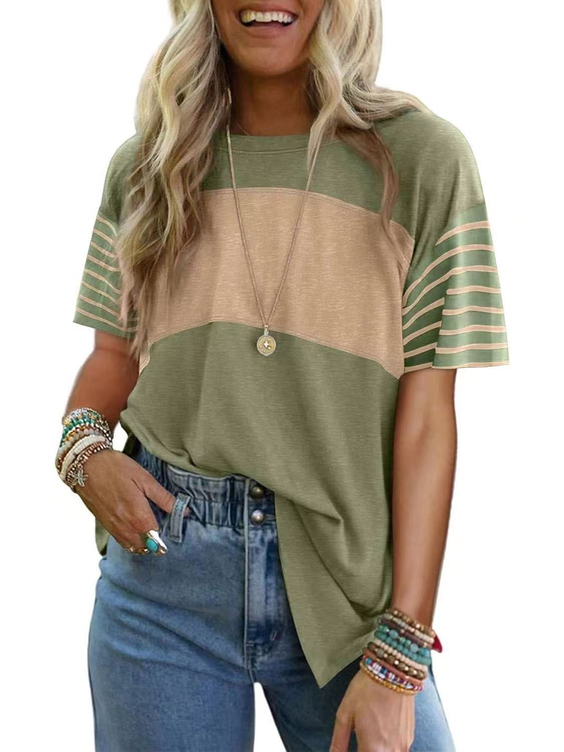 Hot Sale-Womens Oversized Crewneck Casual Color Block Striped Shirts Blouses