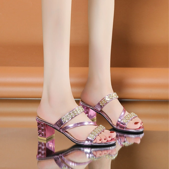 Women's Rhinestone Block Heel Sandals