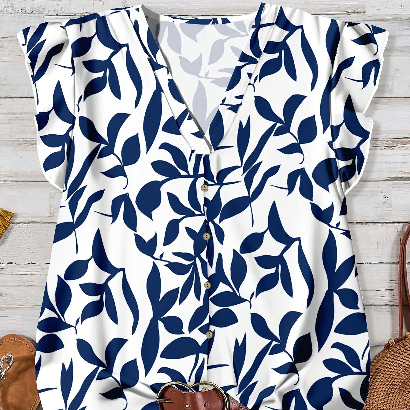 Women's V-Neck Floral Print Button-Down Blouse
