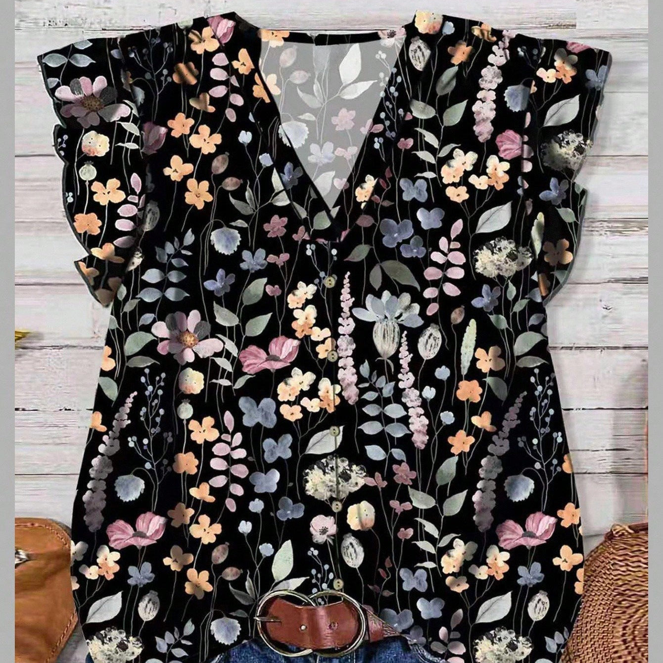 Women's V-Neck Floral Print Button-Down Blouse