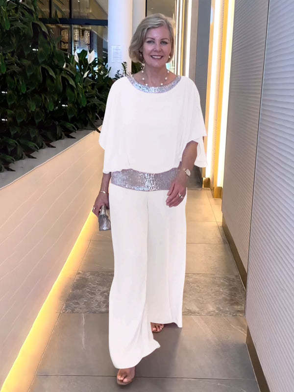 Women's Elegant Chiffon Sequin Two-Piece Pant Set