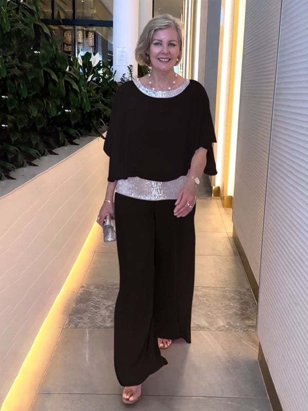 Women's Elegant Chiffon Sequin Two-Piece Pant Set