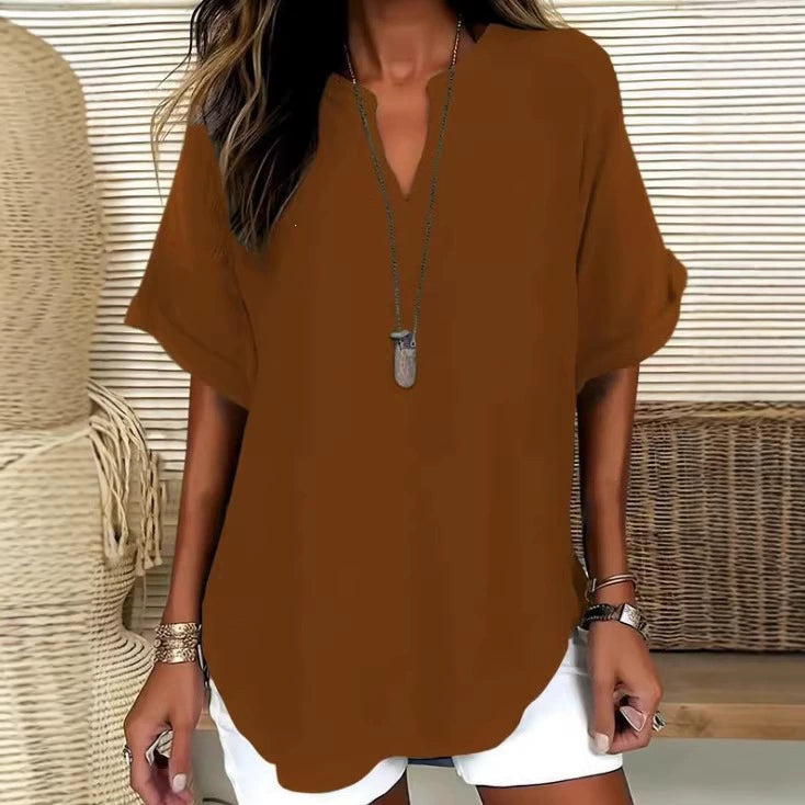 🌿 Effortless Elegance V-Neck Short Sleeve Blouse - Lightweight Comfort for Every Occasion ✨