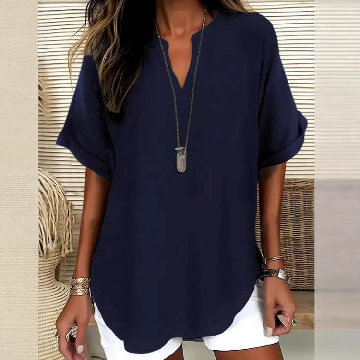 🌿 Effortless Elegance V-Neck Short Sleeve Blouse - Lightweight Comfort for Every Occasion ✨