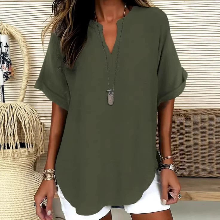 🌿 Effortless Elegance V-Neck Short Sleeve Blouse - Lightweight Comfort for Every Occasion ✨