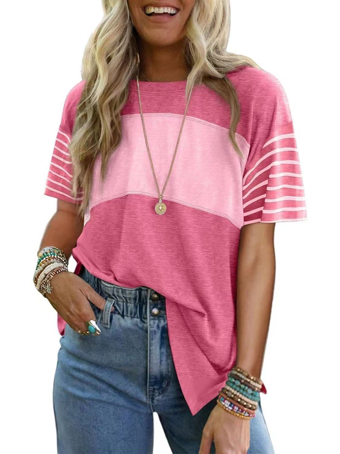 Hot Sale-Womens Oversized Crewneck Casual Color Block Striped Shirts Blouses