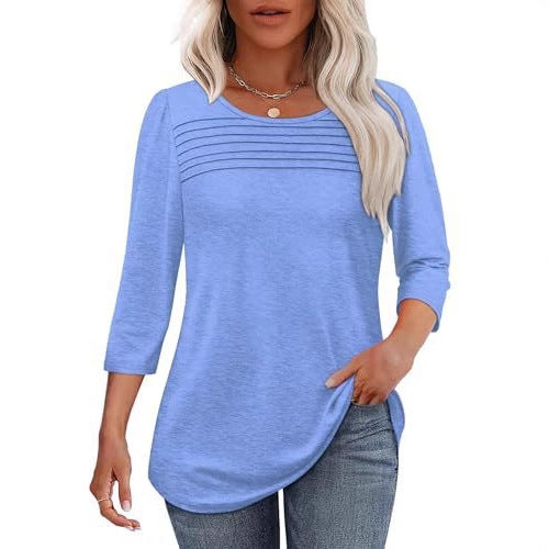 🔥🔥 2025 Women's 3/4 Length Sleeve Top Pleated Front T-Shirt