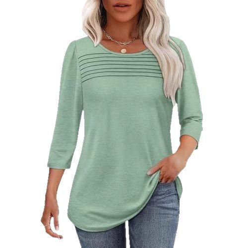 🔥🔥 2025 Women's 3/4 Length Sleeve Top Pleated Front T-Shirt