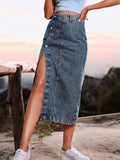 ⏰ LAST DAY-50% OFF 🛒) 2026 New In: Women's Edgy Denim Midi Skirt - Asymmetrical Placket & High Leg Slit - Slimming High Waist Design - Fits Size XS to 3XL