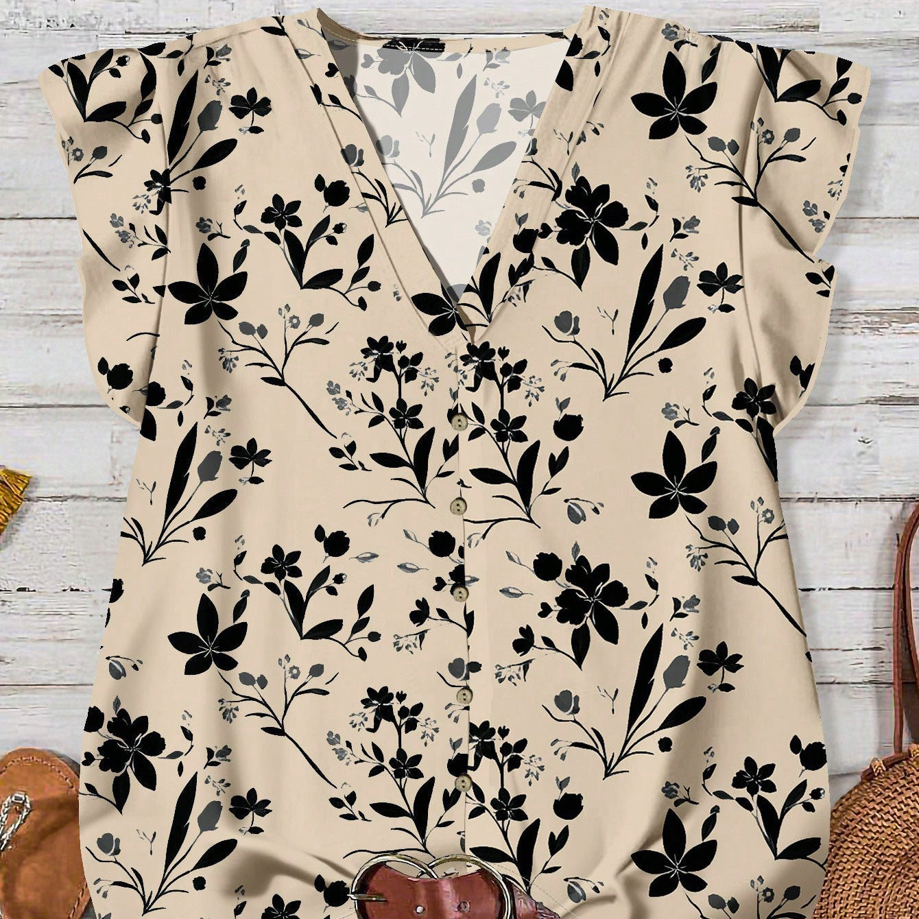 Women's V-Neck Floral Print Button-Down Blouse