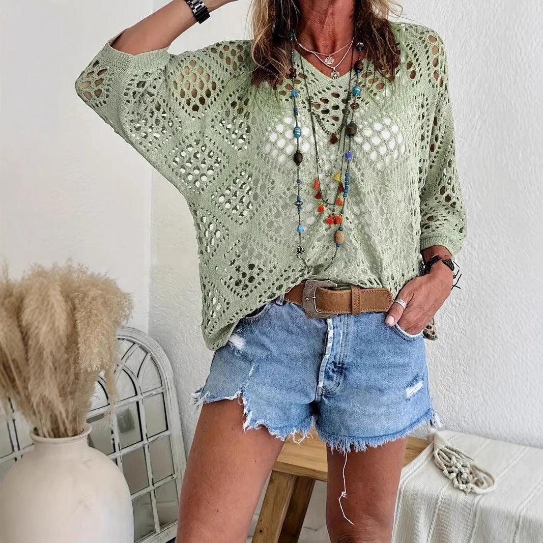 ⏰Hot Sale-Womens -Inspired Beige Crochet Top with V-Neck