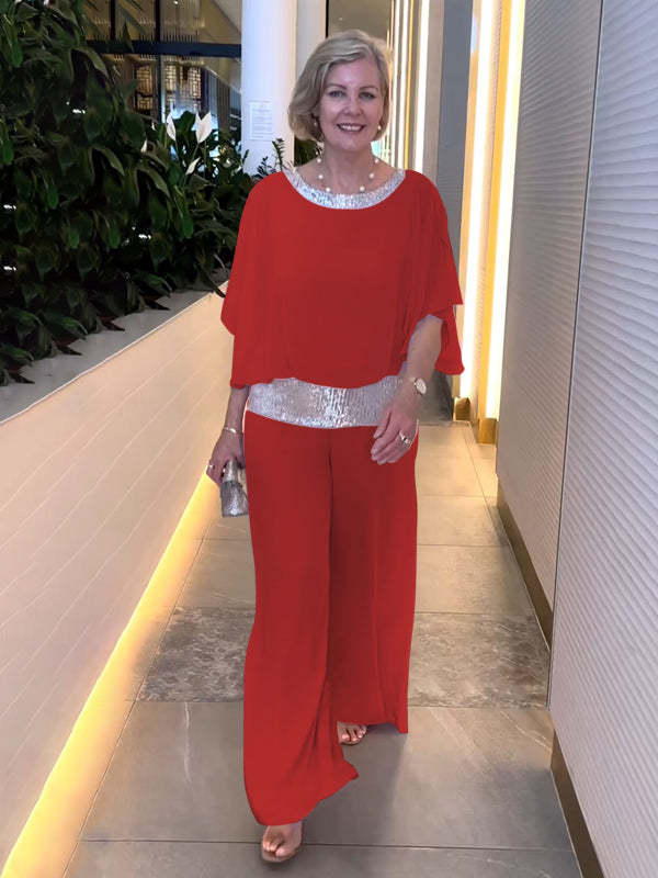 Women's Elegant Chiffon Sequin Two-Piece Pant Set