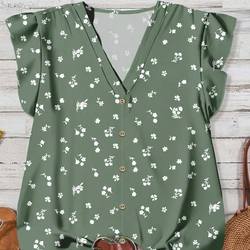 Women's V-Neck Floral Print Button-Down Blouse