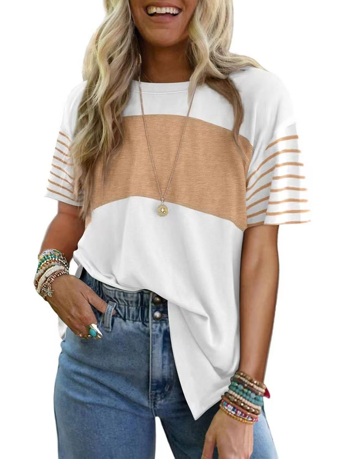 Hot Sale-Womens Oversized Crewneck Casual Color Block Striped Shirts Blouses