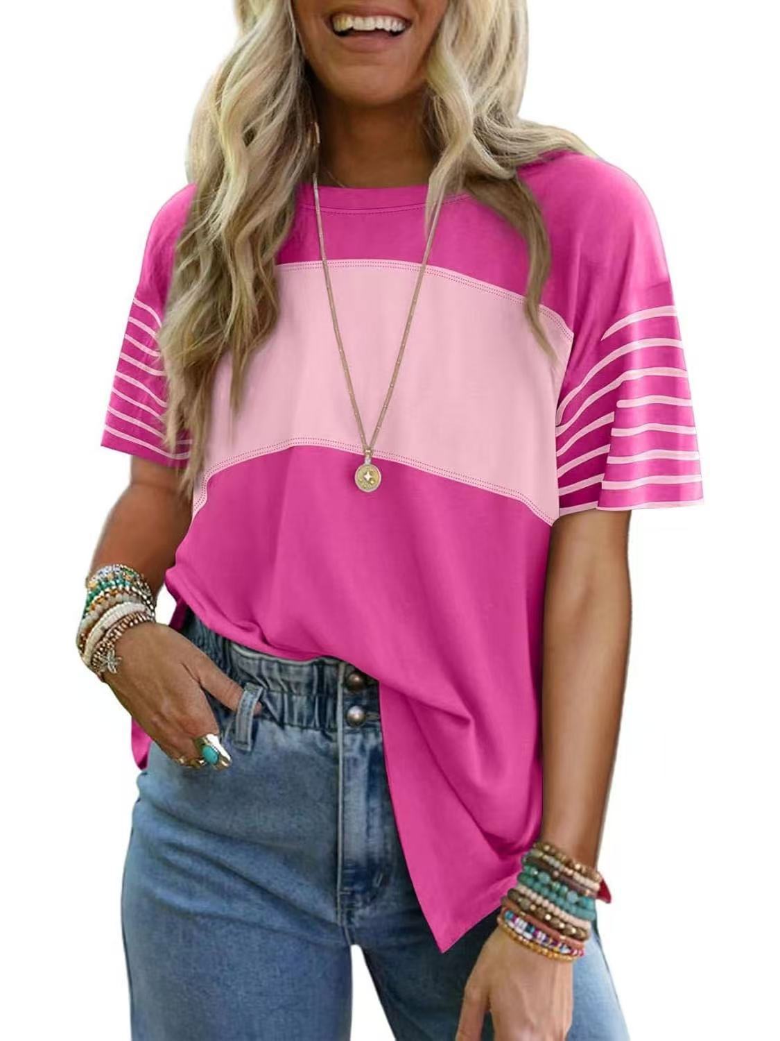 Hot Sale-Womens Oversized Crewneck Casual Color Block Striped Shirts Blouses