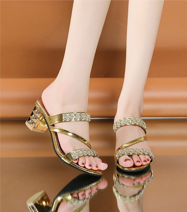 Women's Rhinestone Block Heel Sandals