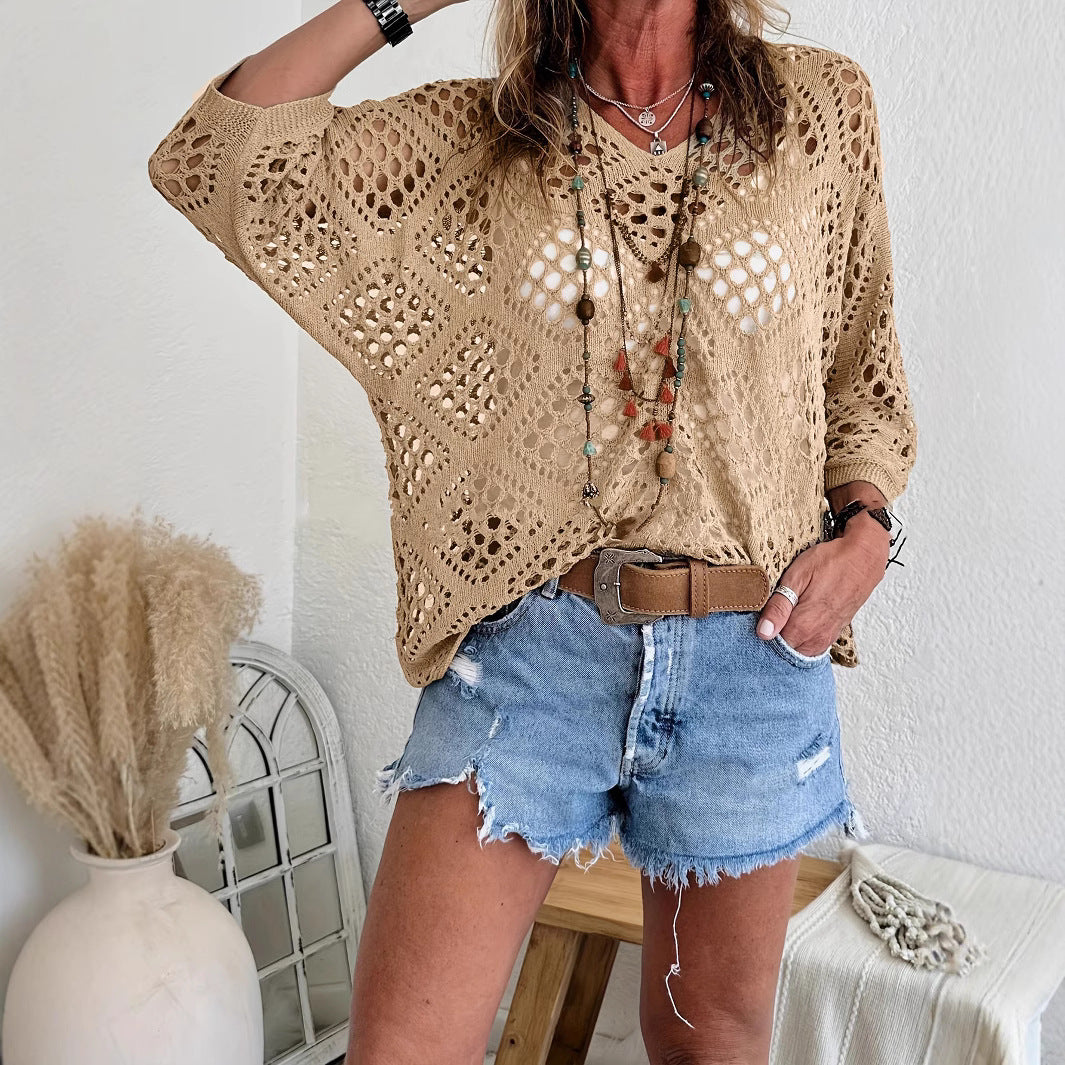 ⏰Hot Sale-Womens -Inspired Beige Crochet Top with V-Neck