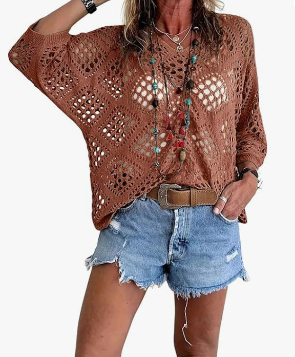 ⏰Hot Sale-Womens -Inspired Beige Crochet Top with V-Neck