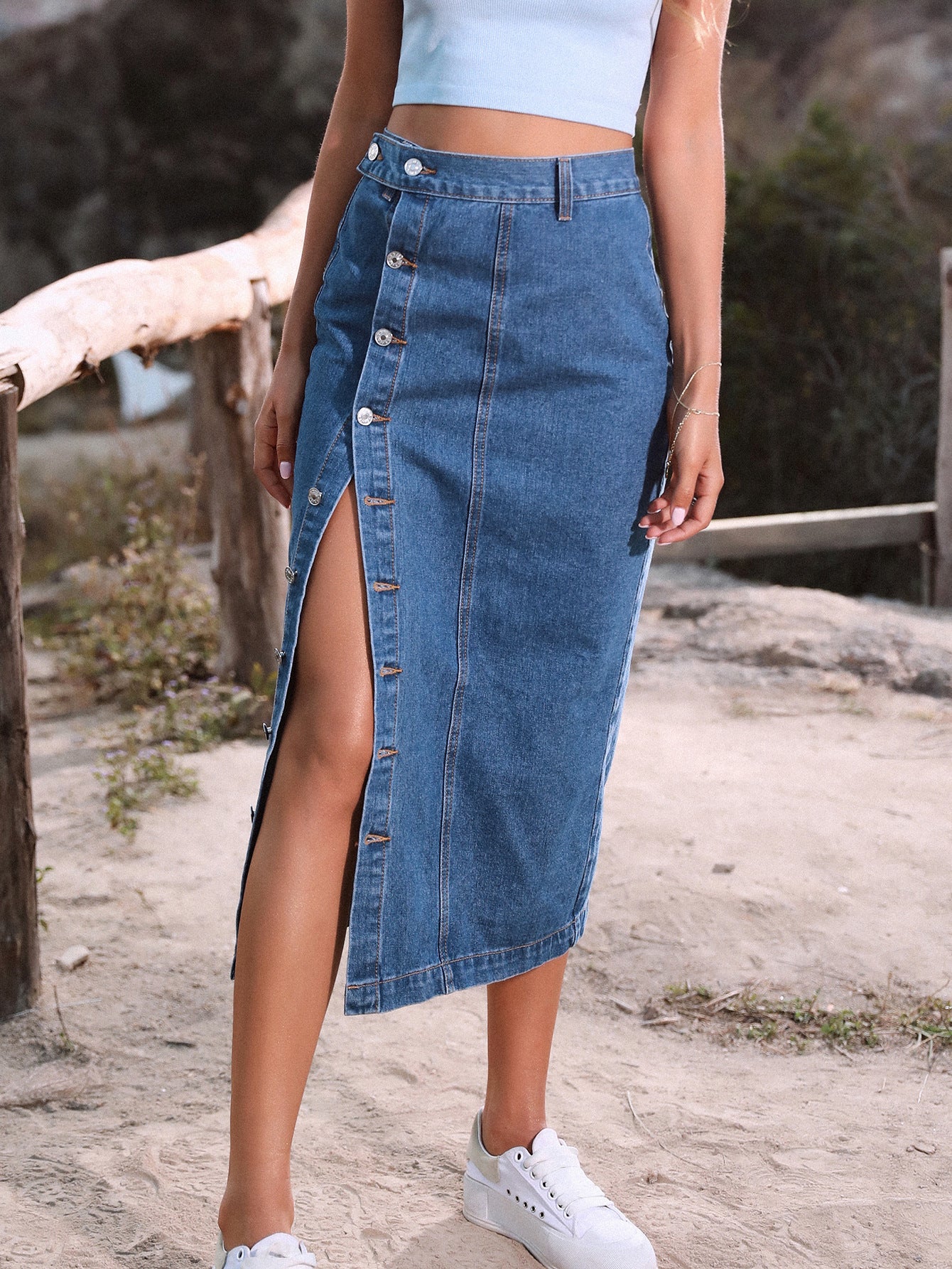 ⏰ LAST DAY-50% OFF 🛒) 2026 New In: Women's Edgy Denim Midi Skirt - Asymmetrical Placket & High Leg Slit - Slimming High Waist Design - Fits Size XS to 3XL